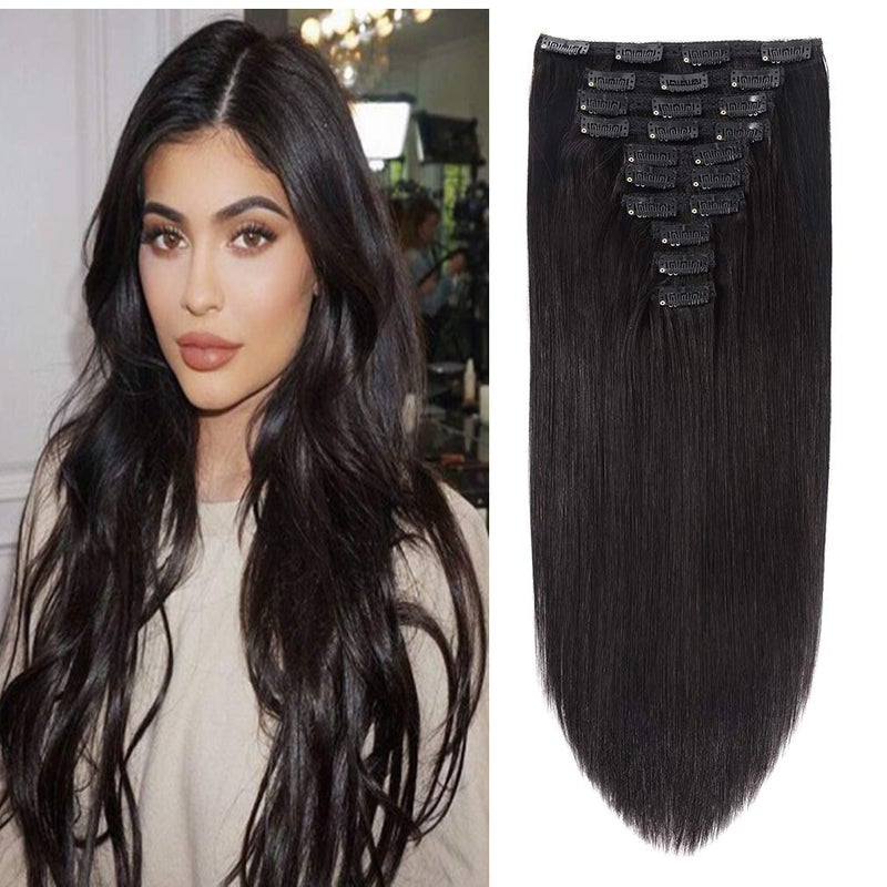 FAAAL 22" Clip in Human Hair Extensions Full Head 200g 10 Pieces 22 Clips Natural Black Double Weft Brazilian Real Remy Clip In Hair Extensions Thick Straight Silky (22",200g 1B#) - Image 1